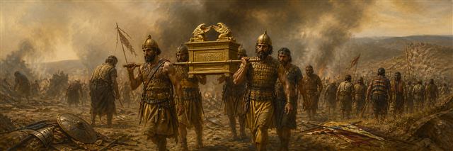 Philistine soldiers carrying the captured ark across a smoky battlefield
